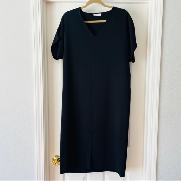 Black Crepe Short Sleeve V-Neck Shirtdress - Picture 1 of 3